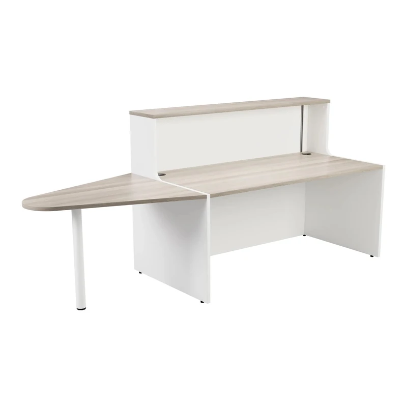 Office Hippo Reception Desk Unit With Extension, Table, Office, Grey Oak Top, White Base, 260 x 89 x 116.5 - Image 1