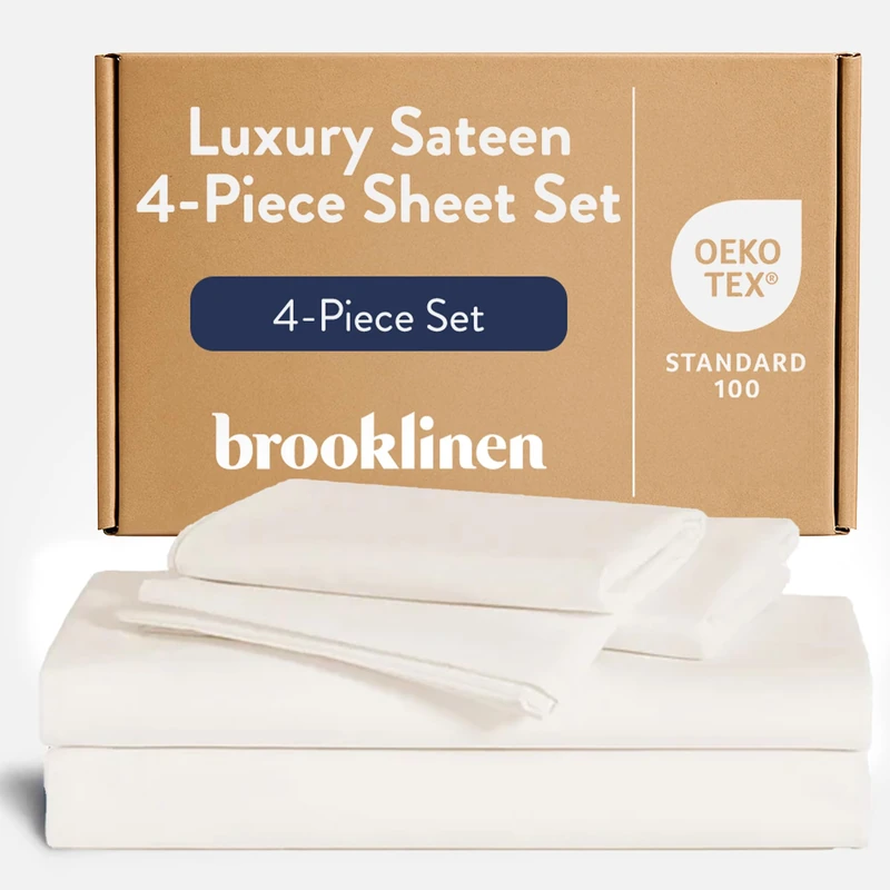 Brooklinen Luxury Sateen 4 Piece California King Size Sheets Set in Cream - 100% Cotton Sateen Sheets - 1 Fitted Sheet, 1 Flat Sheet, 2 Pillowcases