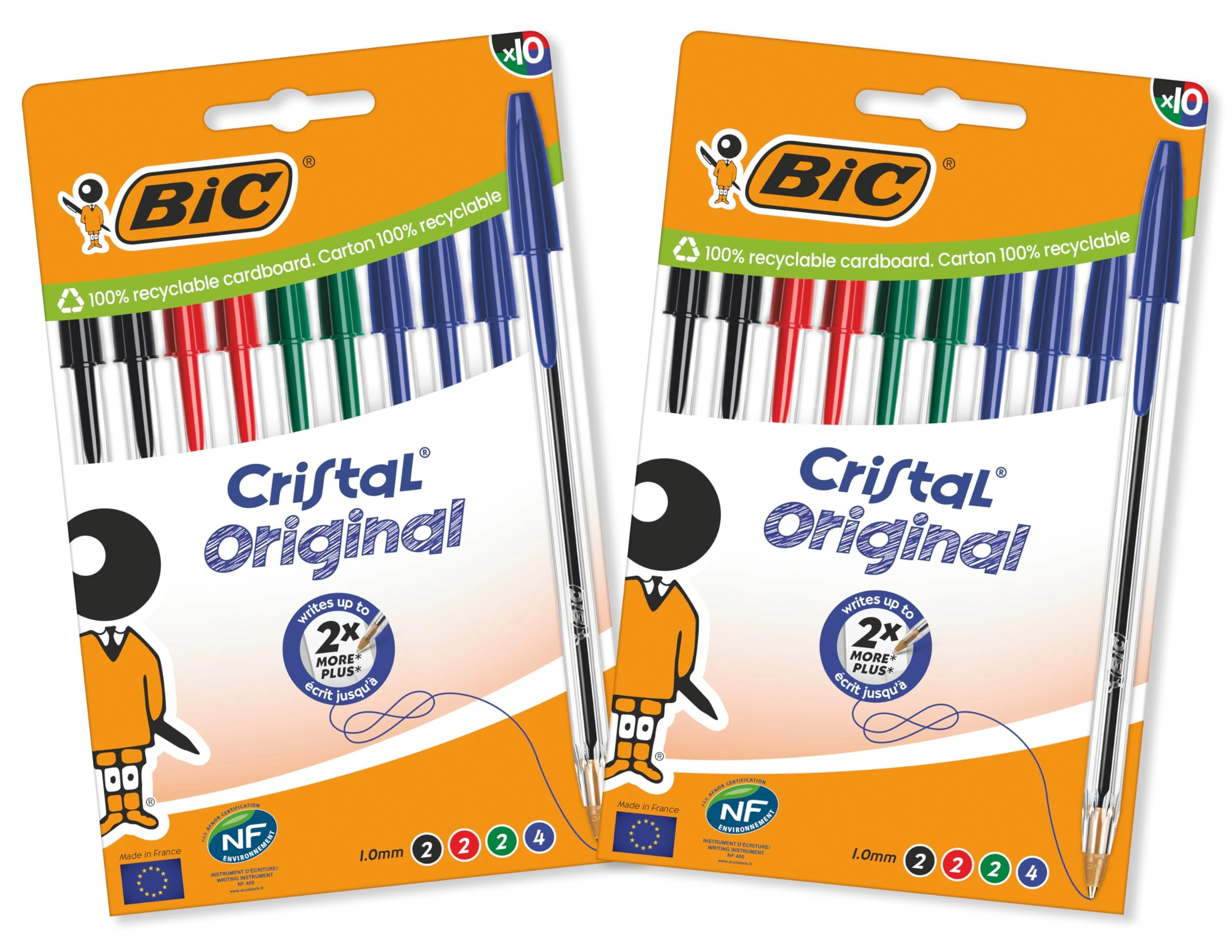 BIC Cristal Original Ballpoint Pens Medium Point (1.0 mm) â€“ Assorted Colours, Pack of 2 Packs of 10