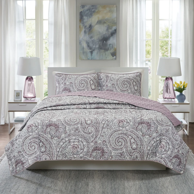 Comfort Spaces Lightweight All Season Bedding Layer for Winter, Matching Shams, Fabric, Kashmir Paisley Purple, Full/Queen - Image 1