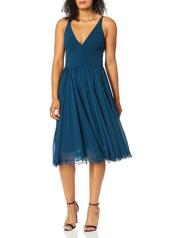 Dress the Population Women's Alicia Plunging Mix Media Sleeveless Fit & Flare Midi Dress, Peacock Blue, L