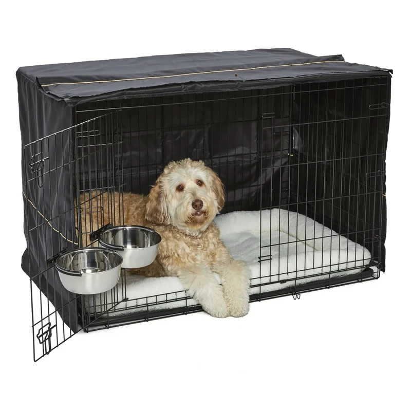 MidWest Homes for Pets Double Door iCrate Starter Kit, 122 cm Dog Crate Bundle for Extra-Large Dogs, Includes Cage, Pet Bed, 2 Bowls and Privacy Cover