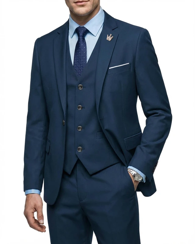 MY'S Men's 3 Piece Slim Fit Suit, One Button Jacket Blazer Vest Pants Set and Tie, Deep Blue, XXL - Image 1