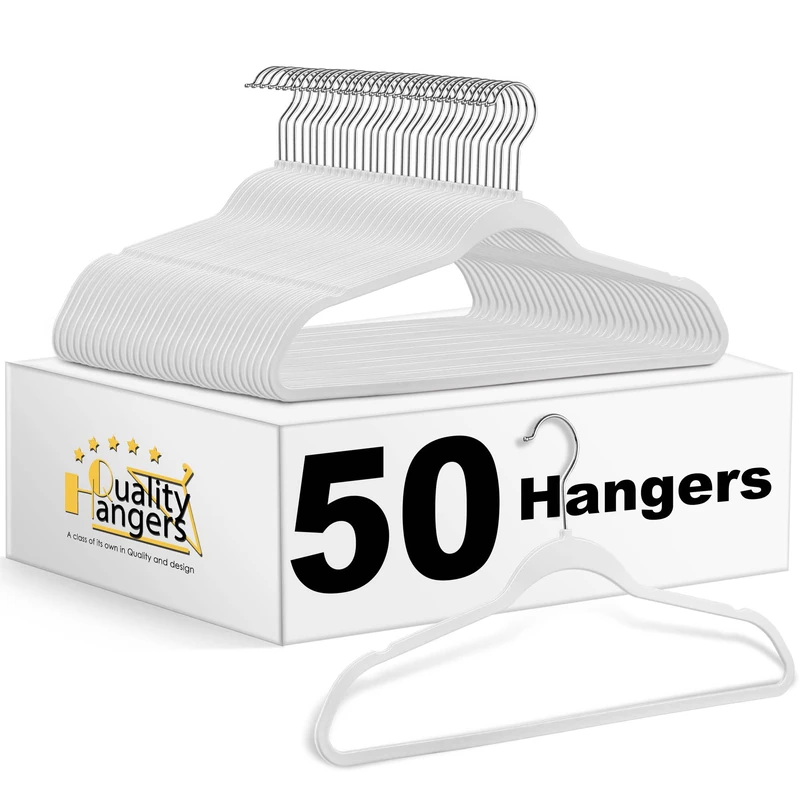 Quality Suit Hangers 50-Pack, Non-Velvet Plastic Hangers for Clothes Ultra Thin Space Saving 360 Degree Swivel Hook Strong Clothes Hangers Hold Up-To 10 Lbs, for Coats, Jackets, Pants (White, 50)