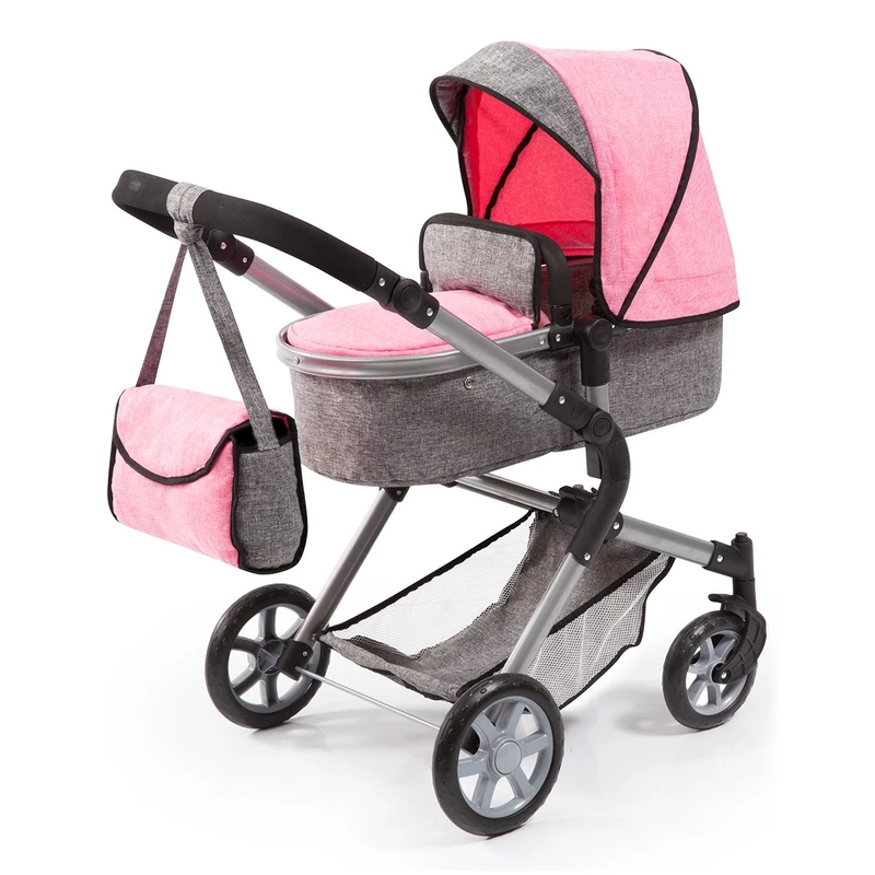 Bayer Design 18125AA Dolls Pram City Neo with bag and underneath shopping basket, convertible to a pushchair, modern design, grey rose pink