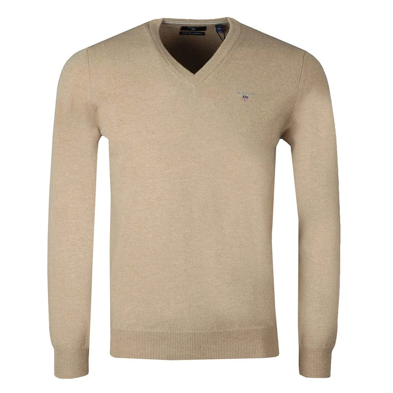 GANT Men's Lambswool V-Neck Regular Fit Plain V-Neck Long Sleeve Jumper, Beige (Beach Sand Mel), X-Large