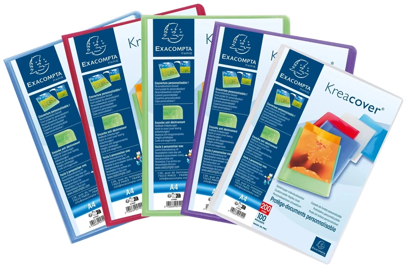 Exacompta - Ref 5799E - Kreacover Collection - Semi-Rigid Opaque PP Display Book - 240 x 320mm in Size, Suitable for A4 Documents, 100 Pockets - Assorted Colours (Pack of 8)