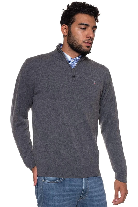 GANT Men's Lambswool Zip Regular Fit Plain Half-Zip Long Sleeve Jumper, Grey (Charcoal Melange), Xx-Large