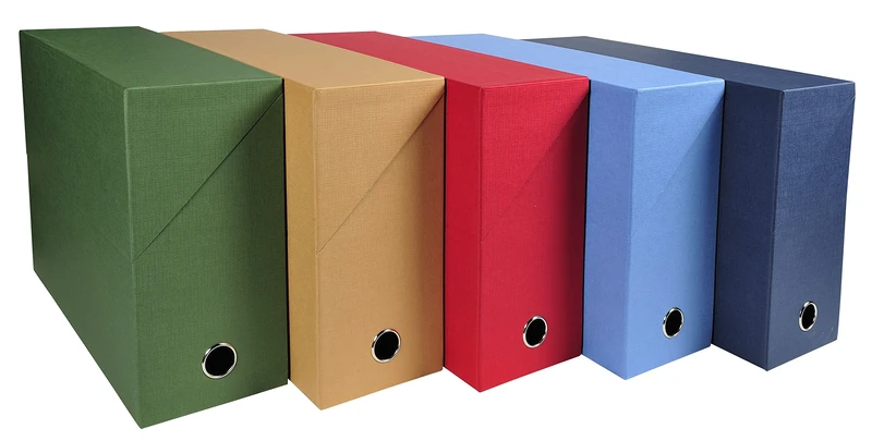 Exacompta - Ref 89420E - Canvas Transfer Box - 250 x 330mm in Size, Suitable for A4 Documents, 120mm Spine, Reinforced Metal Finger Hole - Assorted Colours (Pack of 5)