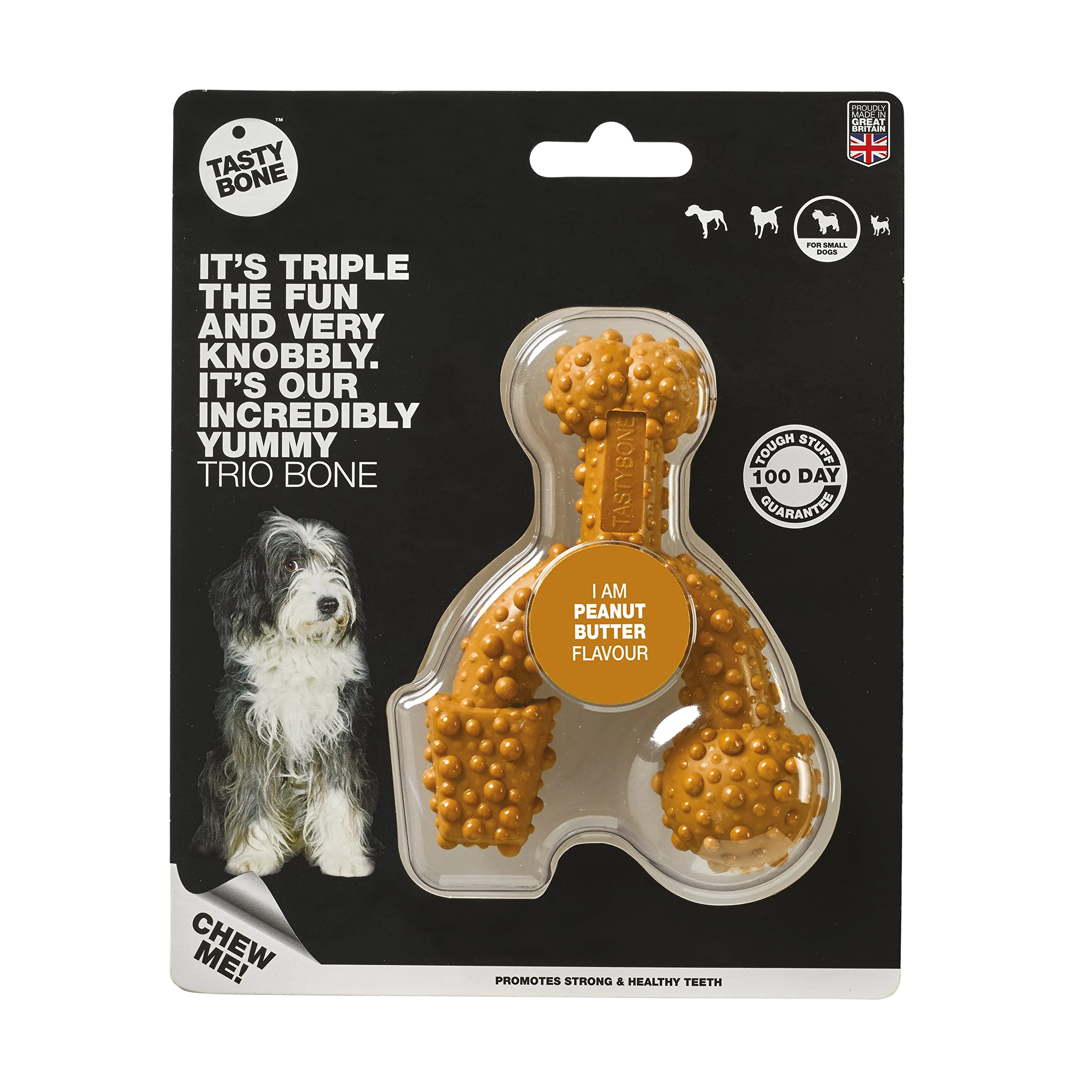 TastyBone TrioBone Nylon Dog Chew Toy for Small Dogs (Peanut Butter) - Indestructible for Aggressive Chewers, Everlasting Flavour, Strong Healthy Teeth, Made in the UK