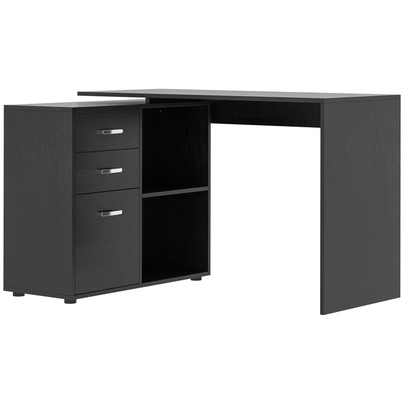 HOMCOM L-Shaped Computer Desk, 2 Shaped Corner Desk with Drawers, File Cabinet and Storage Shelves, Home Office Desk, Black