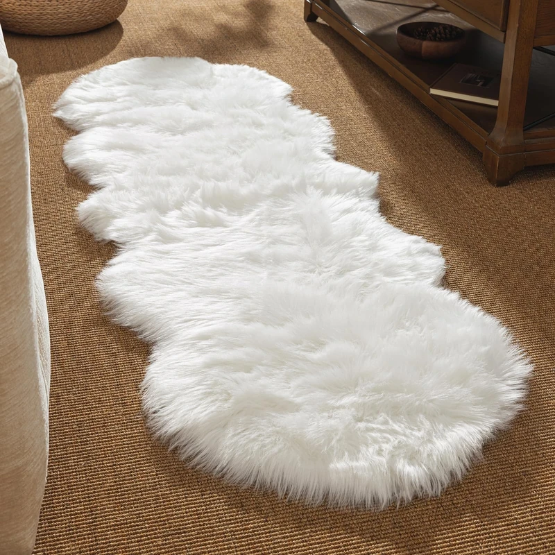 Ashler Faux Fur Area Rug, White Fluffy Sheepskin, 2 x 6 Ft, Machine Washable, Nursery & Kids Room