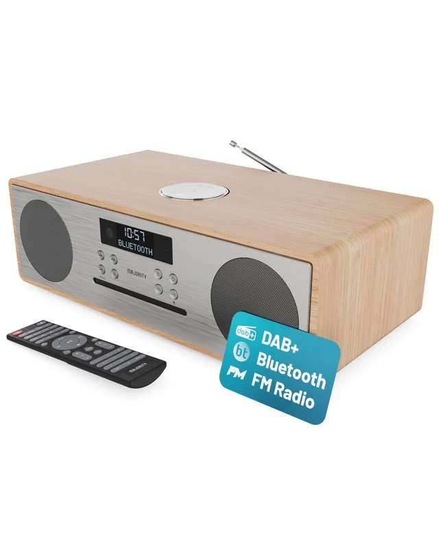 Dab + Radio & Cd Player | Compact Wooden Hi-Fi Music System | Bluetooth Digital Home Stereo | Fm, 20 Presets, Radio Alarm, & Remote Control | Aux & Usb Input | Usb Charging | Majority Oakington (Oak)