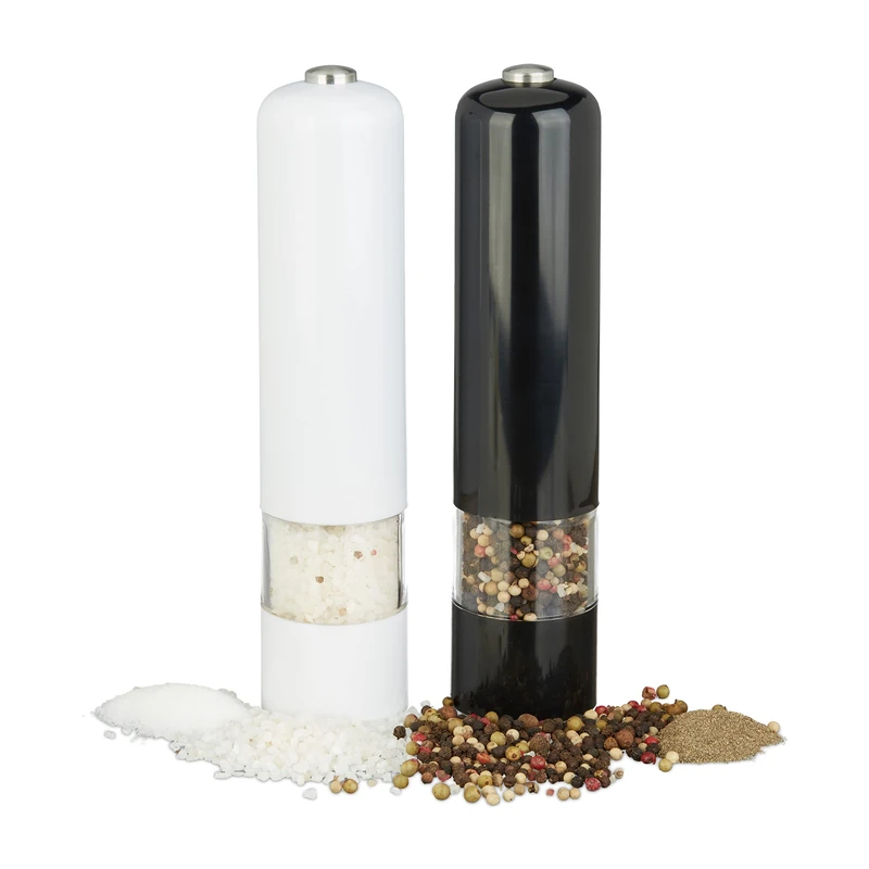 Relaxdays Electrical Pepper Mill with Light, Set of 2, Spice Shaker, Plastic, Battery-Powered, Black/White - Image 1