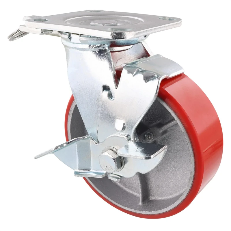 WAGNER industrial heavy duty castor - DIRECTION LOCK 3in1 - swivel castor & fixed castor, cast iron - red soft-running surface, 2 injectors, brake, diameter Ø 150 mm, load capacity 400 kg - 04011501