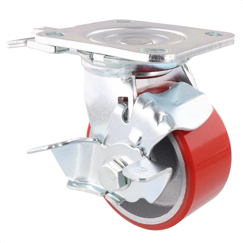 WAGNER industrial heavy duty castor - DIRECTION LOCK 3in1 - swivel castor & fixed castor, cast iron - red soft-running surface, 2 injectors, brake, diameter Ø 100 mm, load capacity 230 kg - 04011401 - Image 1
