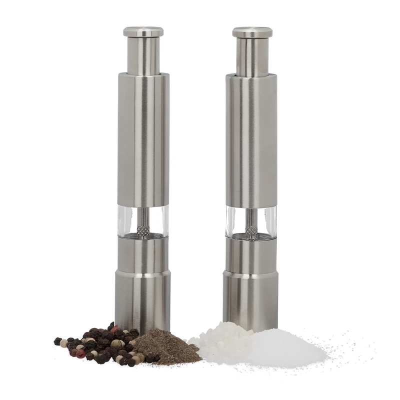 Relaxdays Manual Salt and Pepper Grinder Set of 2, Stainless Steel, Spice Mills, Portable, Handy, Silver