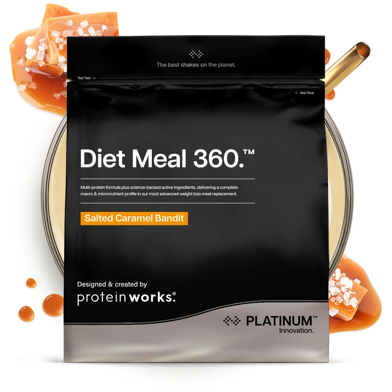 Protein Works | Diet Meal 360 - PLATINUM Innovation, Diet Meal Replacement Shake, Supports Weight Loss, 26 Vitamins & Minerals, Added Flaxseed, Inulin, Omega 3, Salted Caramel Bandit, 16 Meals, 1kg