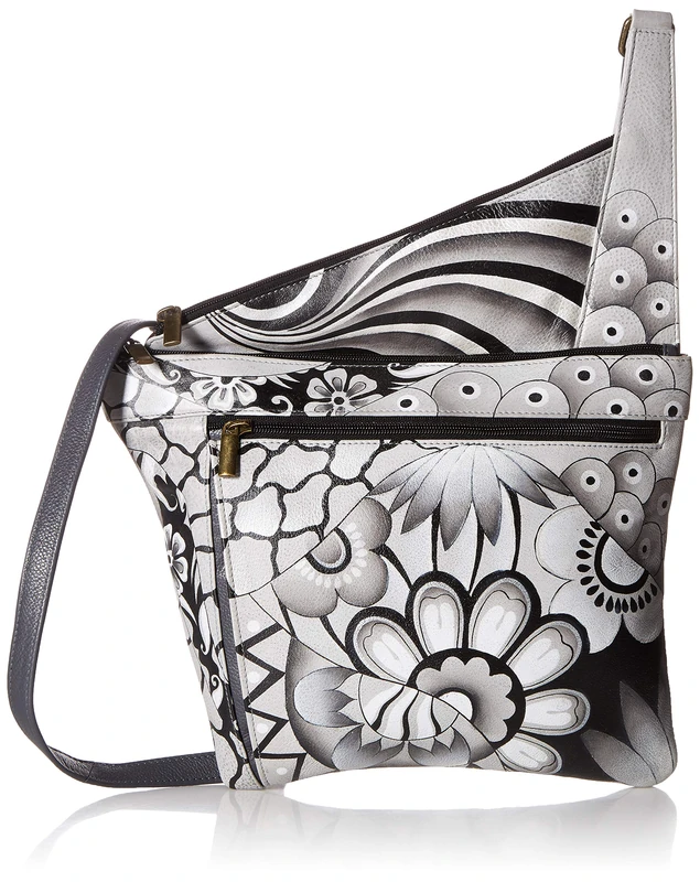 Anna by Anuschka Women's Medium Cross Body Handpainted Leather Asymmetric Slim Crossbody Bag with Zippered Pockets-Patchwork Pewter, One Size