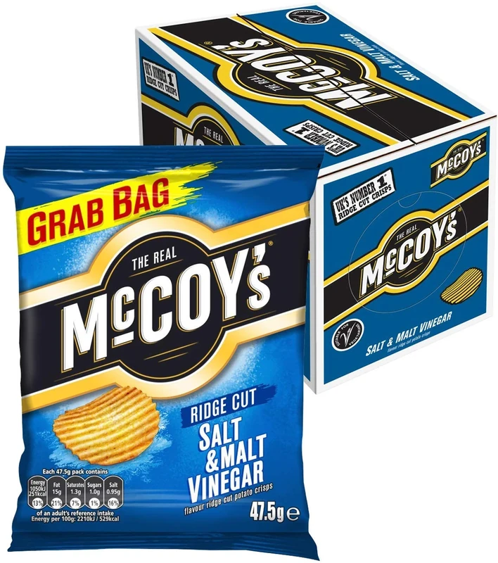McCoy's Ridge Cut Crisps, Multipack Box of Flavoured Potato Crisp Snacks, 36 x 47.5g – Salt & Malt Vinegar