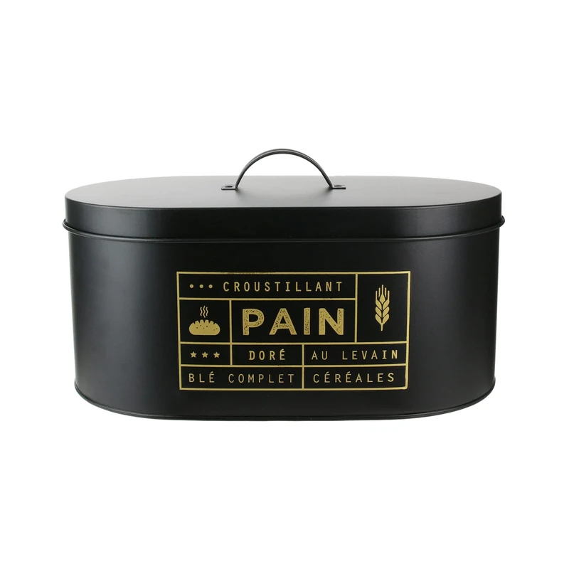 COOK CONCEPT La Bread Box, Metal, Black-Gold, Beautiful Matt Black Box with Lid and Gold Illustrations, 34.5 x 20 x 18 cm, Contemporary and Functional Design