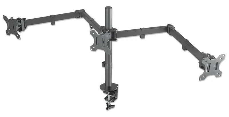 Manhattan TV & Monitor Mount, Desk, Double-Link Arms, 3 screens, Screen Sizes: 10-27", Black, Clamp Assembly, Triple Screen, VESA 75x75 to 100x100mm, Max 7kg (each), Lifetime Warranty