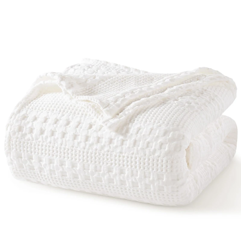 PHF 100% Cotton Waffle Weave Blanket Queen Size for Bed, Soft Lightweight & Breathable, All-Season Comfort, Luxury Aesthetic Christmas Blanket for Home Decor, 90"x90", White