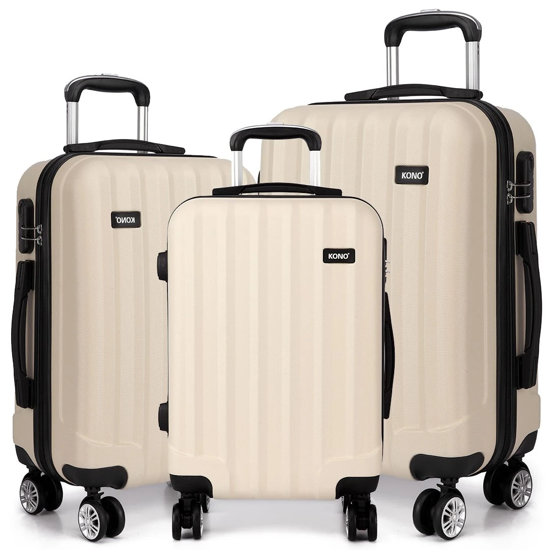 Kono 20” 24” 28” Super Lightweight PC Suitcase 4 Wheels Spinner Luggage Vertical Strip Travel Trolley Case in Begie (3-Piece Set(20"/24"/28"))