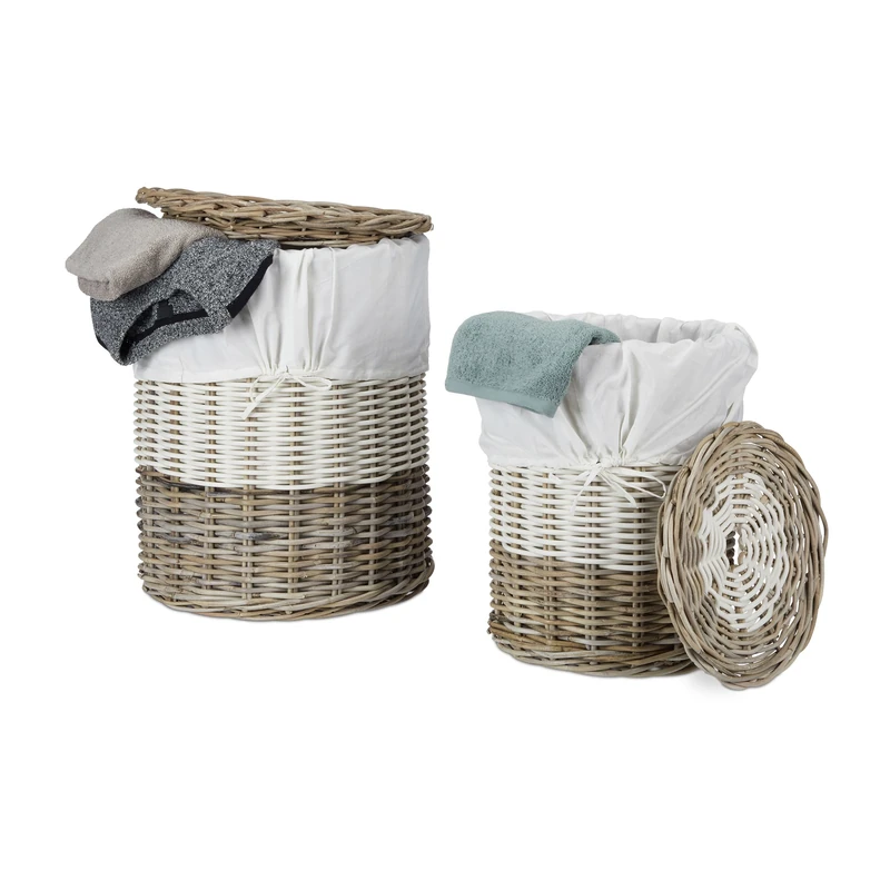 Relaxdays Rattan Laundry Hamper, Set of 2, Trendy Wicker Look, Removable Lid, Fabric Liner, Round 30 & 60 L Natural/White, 47 x 36 x 36 cm