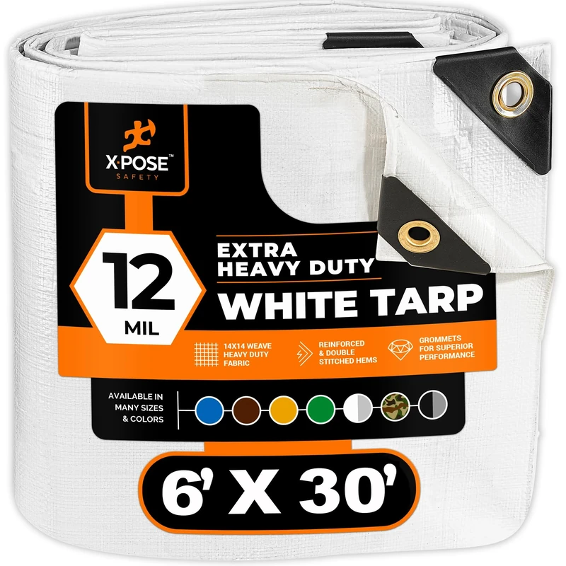 Xpose Safety Heavy Duty White Poly Tarp 6' x 30' Multipurpose Protective Cover - Durable, Waterproof, Weather Proof, Rip and Tear Resistant - Extra Thick 12 Mil Polyethylene - by