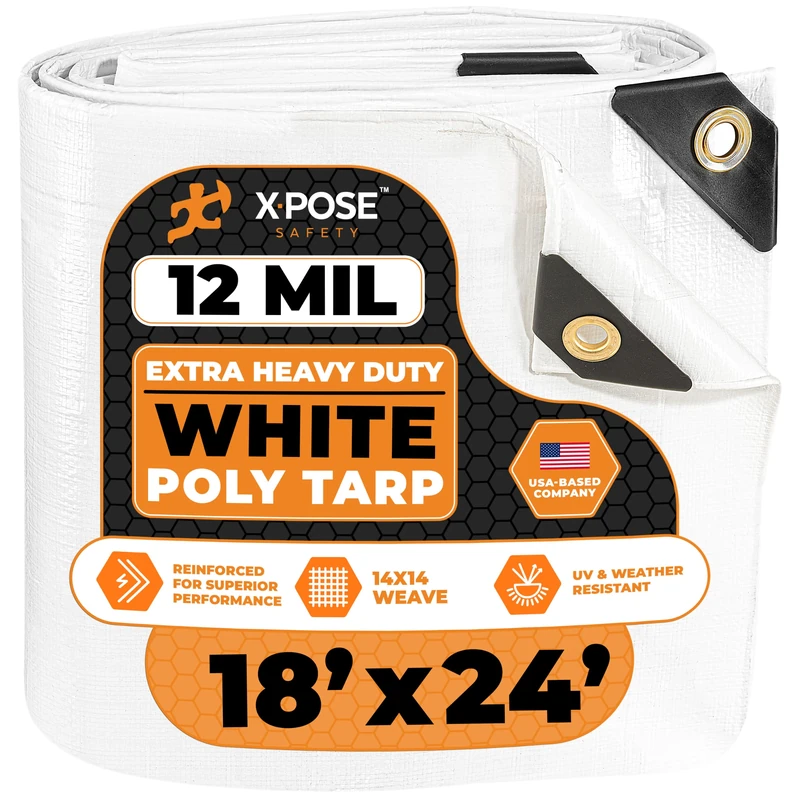 Heavy Duty White Poly Tarp 18' X 24' - Multipurpose Protective Cover - Durable, Waterproof, Weather Proof, Rip and Tear Resistant - Extra Thick 12 Mil Polyethylene - by Xpose Safety