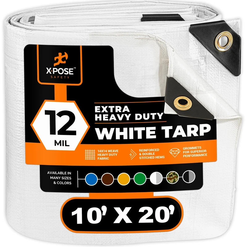 Xpose Safety Heavy Duty White Poly Tarp 10' x 20' Multipurpose Protective Cover - Durable, Waterproof, Weather Proof, Rip and Tear Resistant - Extra Thick 12 Mil Polyethylene - by