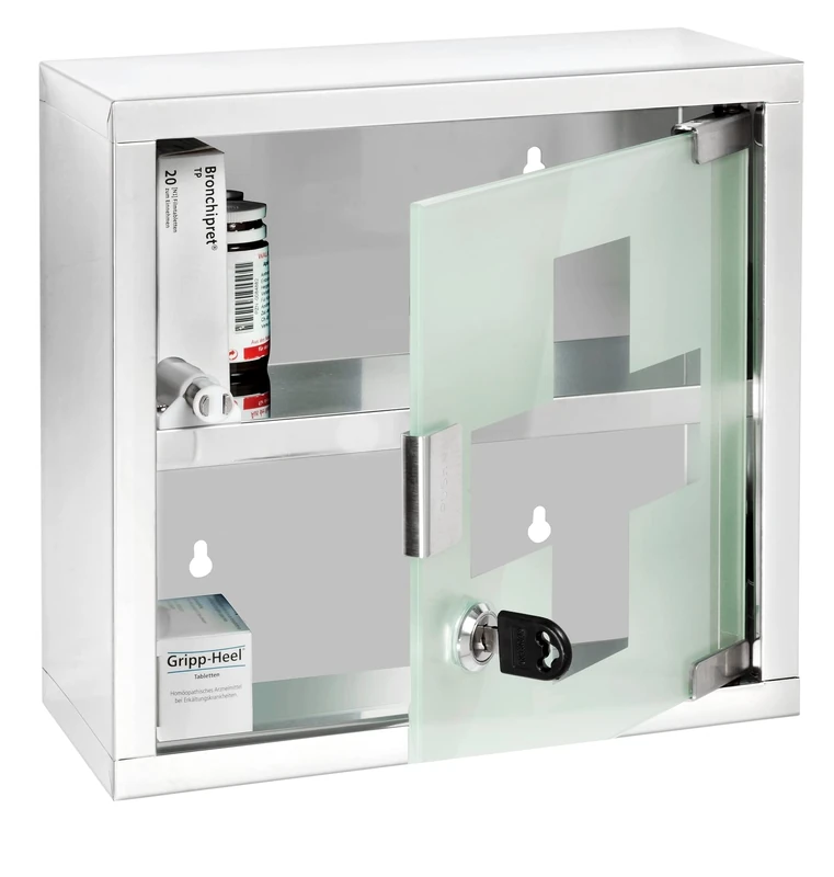 WENKO Medicine Chest shiny stainless steel, 25 x 25 cm - Medicine cabinet, lockable, Stainless steel, 25 x 25 x 12 cm, Shiny