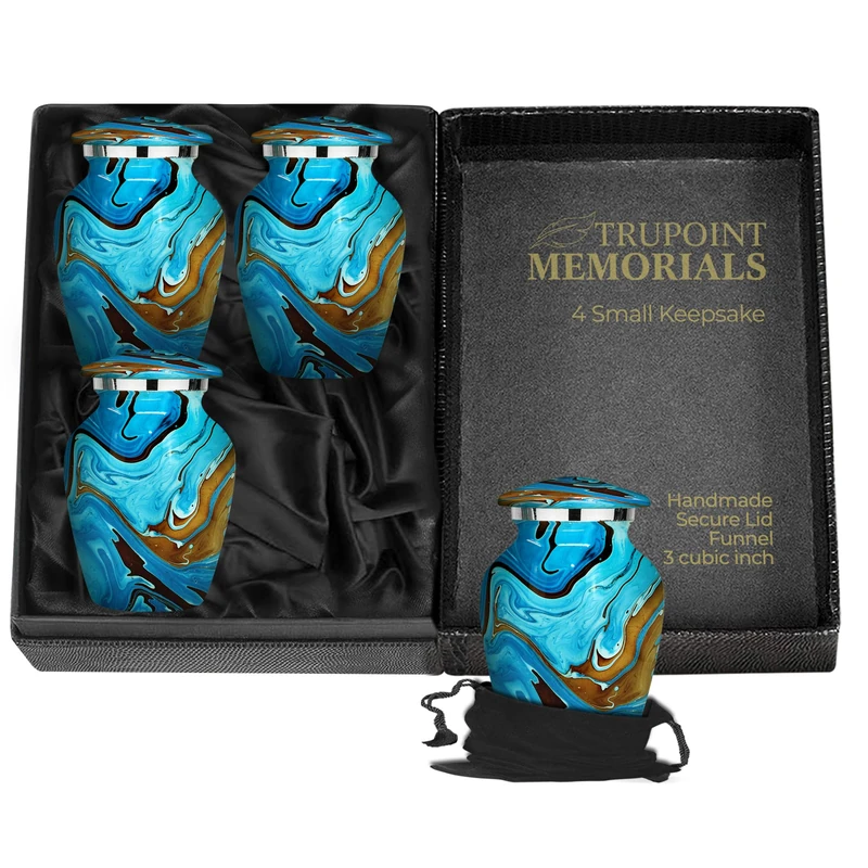Trupoint Set of 4 Small Urns for Human Ashes Adult Male or Female - Holds 0.75 Lbs. Per Mini Urn, 2.75" x 1.75" Mini Cremation Urns, Keepsake Burial Urns with Case & Bags - Ocean.