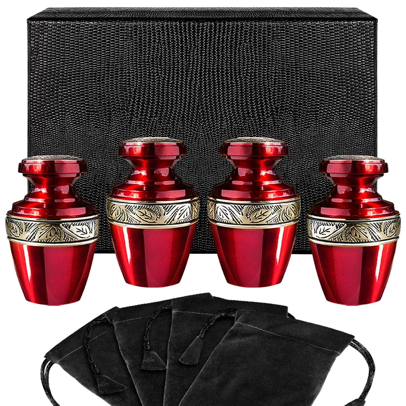 Serenity Red Beautiful Small Mini Keepsake Urn for Human Ashes - Set of 4 - with Satin Lined Case and 4 Pouches