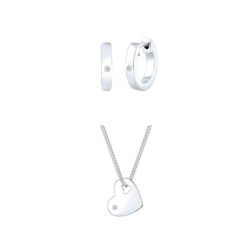 Diamore Women 925 Silver Silver Round Diamond Hoop Earrings, Silver with 925 Sterling Silver 0.02 ct Diamond Heart Love Friendship Token Pendant with Chain Length of 45 cm