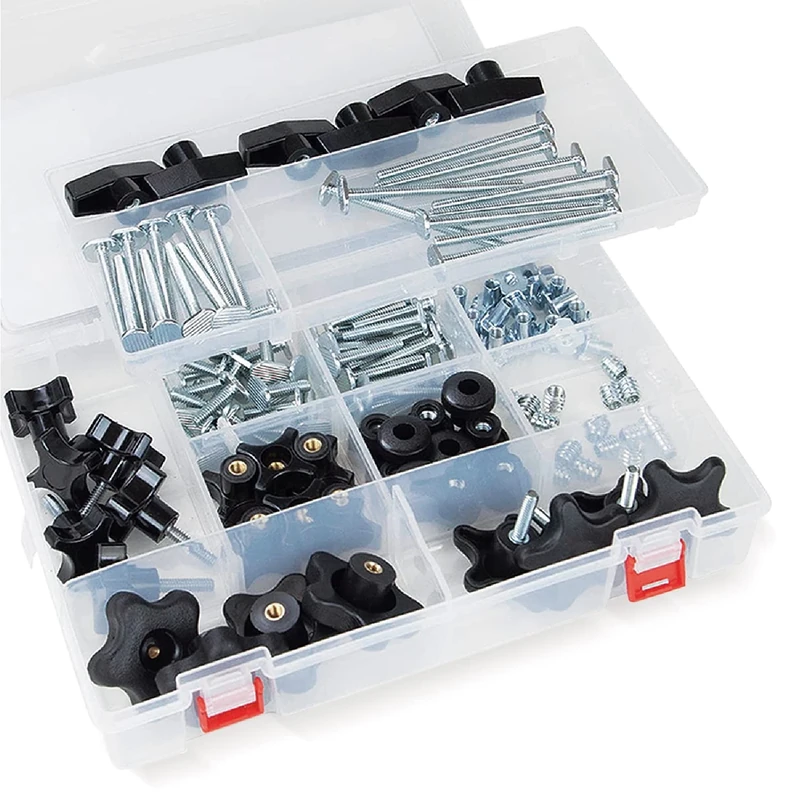 POWERTEC 71127 128 Piece Set T Track Knob Kit w/ 5 Star Knob, 1/4-20 Threaded Bolts and Washers, T Track Accessories for Woodworking Jigs and Fixtures