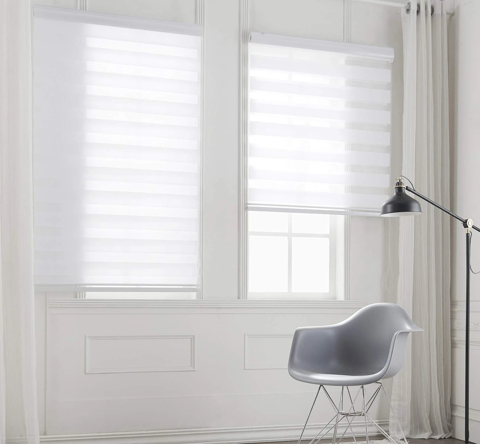 Taiyuhomes Day and Night Zebra Roller Blind Gradient Double Fabric Translucent or Blackout Vision Curtains for Window and Door with Aluminium Cassette (White, Width 45cm X Height 150cm)