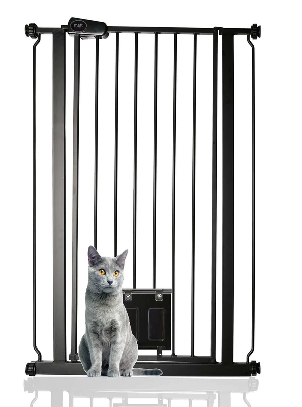 Bettacare Pet Gate with Lockable Cat Flap, 75cm - 84cm, Black, 104cm in Height, Extra Tall Dog Safety Barrier with Cat Flap, Easy Installation