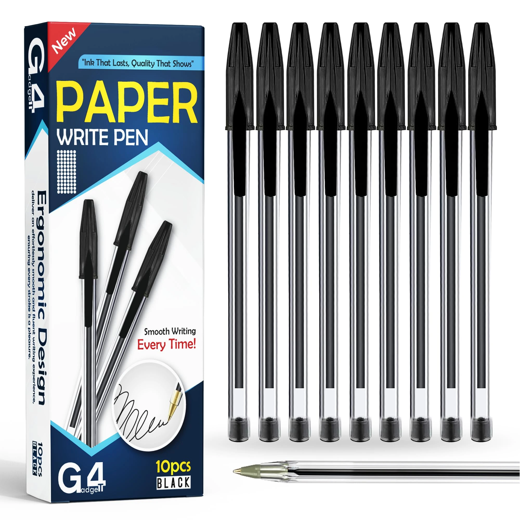 G4GADGET Premium Pack of 10 Black Biro Ballpoint Pens - Medium Tip for Fluent, Smooth Writing - Professional Quality Pens for Home, Office, and School Use - Long-Lasting Ink and Ergonomic Design