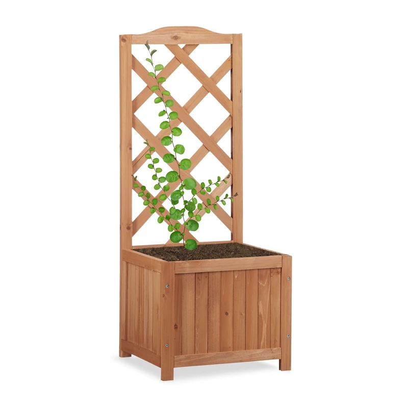 Relaxdays Wooden Planter Box with Trellis, Flowerpot with Lattice, Freestanding, Weatherproof, Natural, 20 L