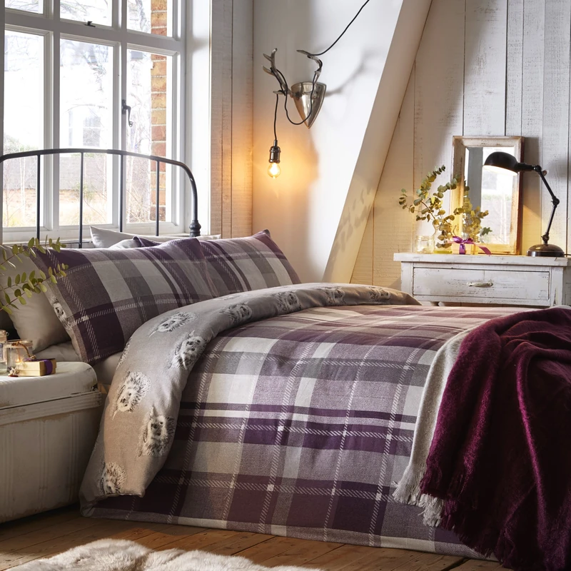 Dreams & Drapes Colville Check-100% Brushed Duvet Cover Set, 100% Cotton, Plum, Super-King Bed
