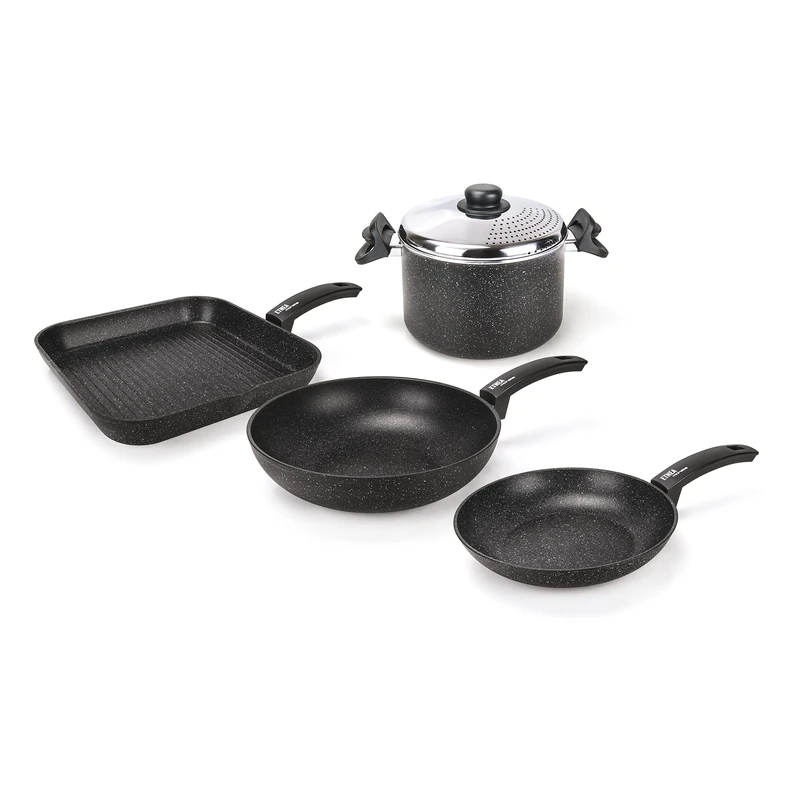 Moneta Etnea Student Set of 5 Pot and Pans, Stone Surface Non-Stick and Anti-Scratch Coating, Dishwasher Safe, 5-Piece Cookware Set