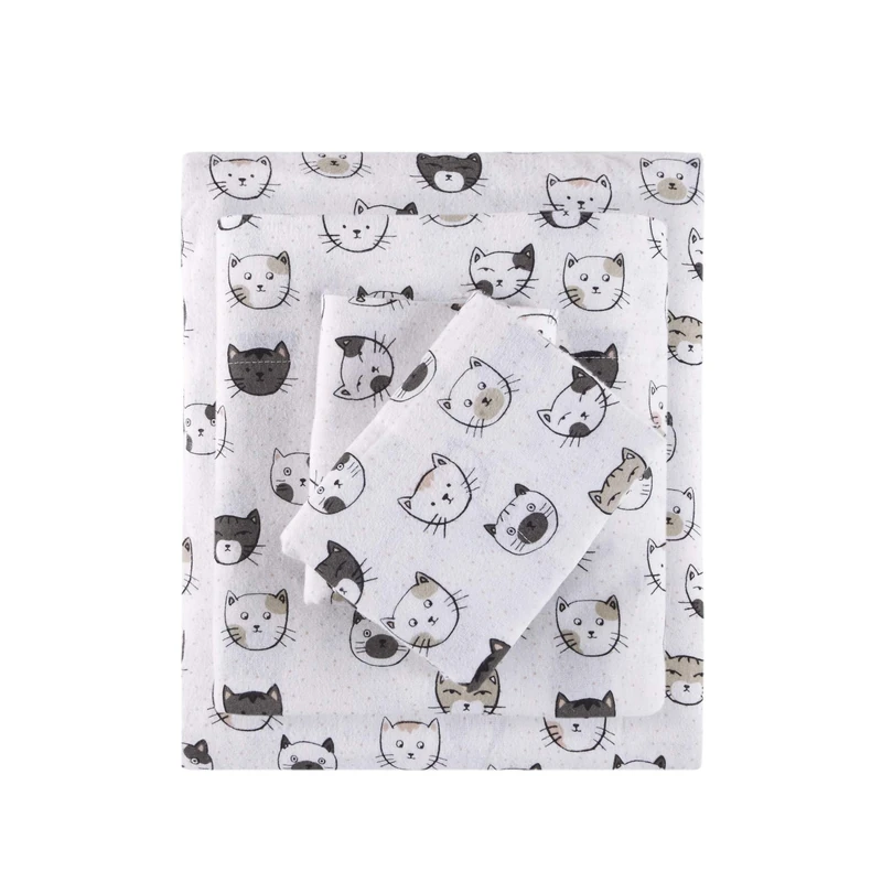 Intelligent Design ID20-1554 Cozy Soft Cold Weather Sheet Set Bedding, Full, Grey/Pink Cats 4 Piece