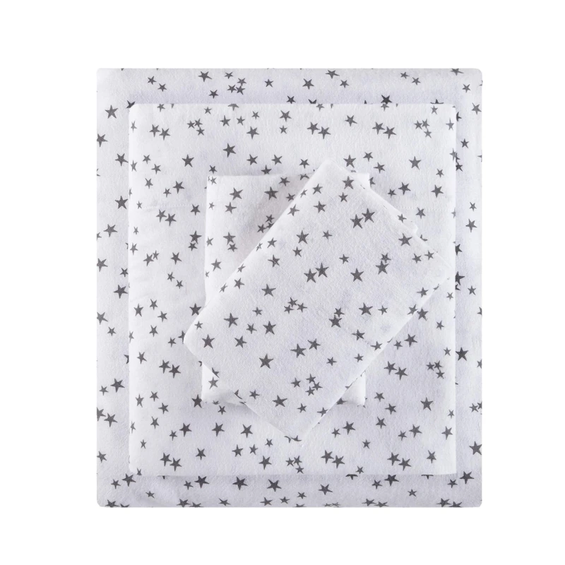 Intelligent Design Cozy Soft 100% Cotton Flannel Print Animals Stars Cute Warm, Ultra Soft Cold Weather Sheet Set Bedding, Queen, Grey Stars 4 Piece