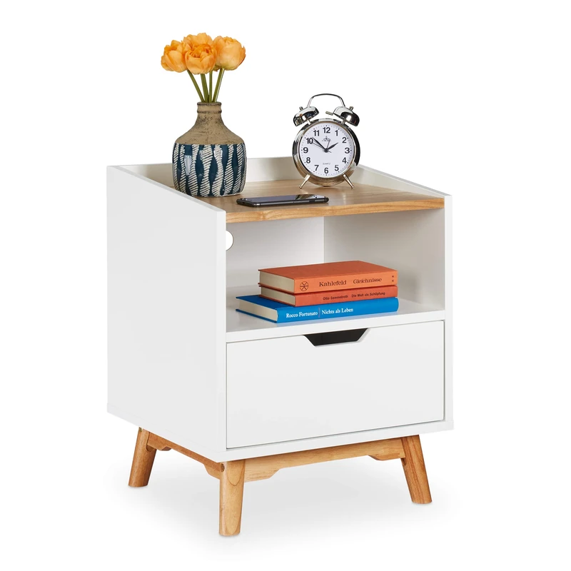 Relaxdays Nightstand with Wooden Legs, Scandinavian Design, Drawer, Open Compartment, Bedside Table 50 x 43 x 40 cm, White