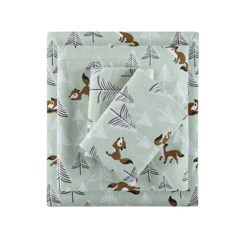 Intelligent Design Cozy Soft 100% Cotton Flannel Print Animals Stars Cute Warm, Ultra Soft Cold Weather Sheet Set Bedding, Full, Seafoam Foxes 4 Piece