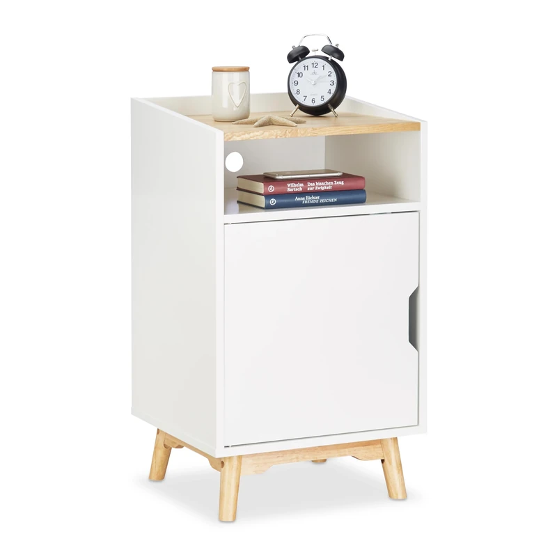 Relaxdays Nightstand with Wooden Legs, Scandinavian Design, Door, Open Compartment, Bedside Table 74 x 43 x 40 cm, White