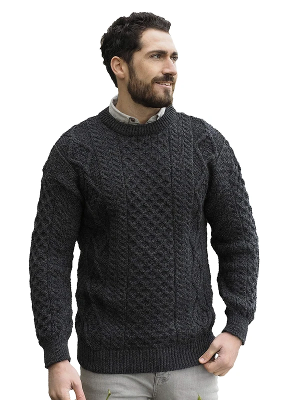 Aran Crafts Irish Soft Cable Knitted Wool Crew Neck Unisex Sweater (C1347-SM-CHAR) Charcoal