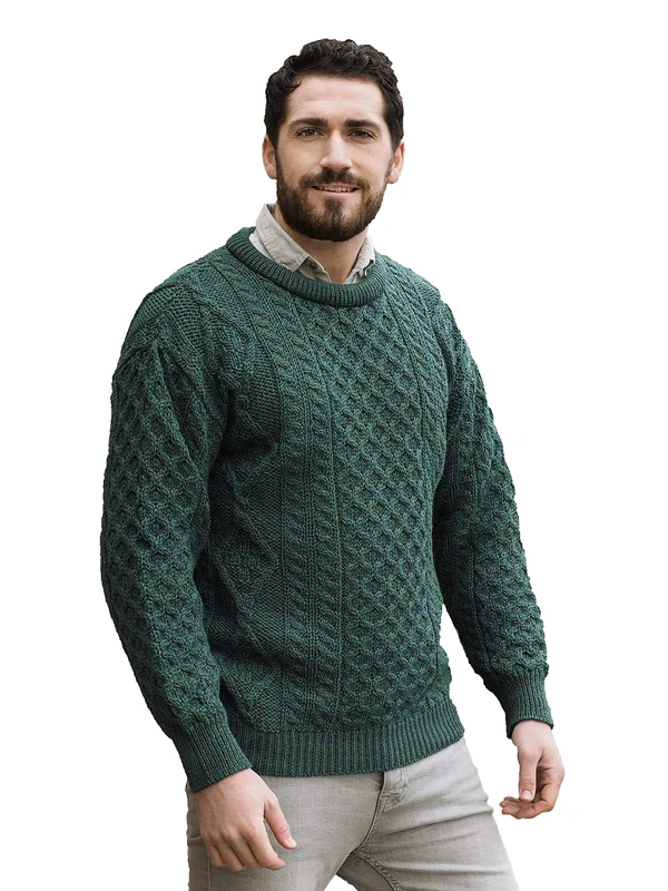 Aran Crafts Irish Soft Cable Knitted Wool Crew Neck Unisex Sweater (C1347-XL-MOSS)
